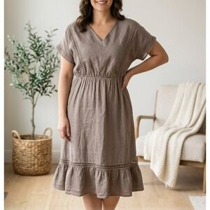 Lungo L'Arno Italy 100% Linen Crochet Trim V-Neck Midi Dress Taupe Brown Medium